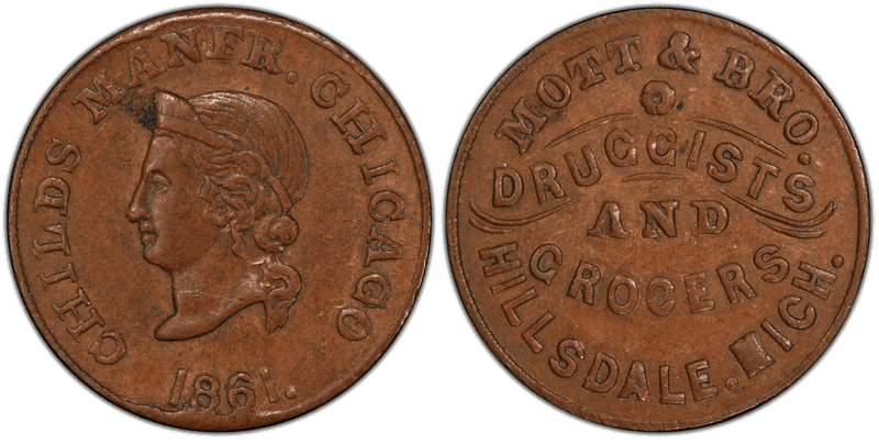 (1861) Copper Civil War Store Card F-450L-3a, Mott & Bro. MI