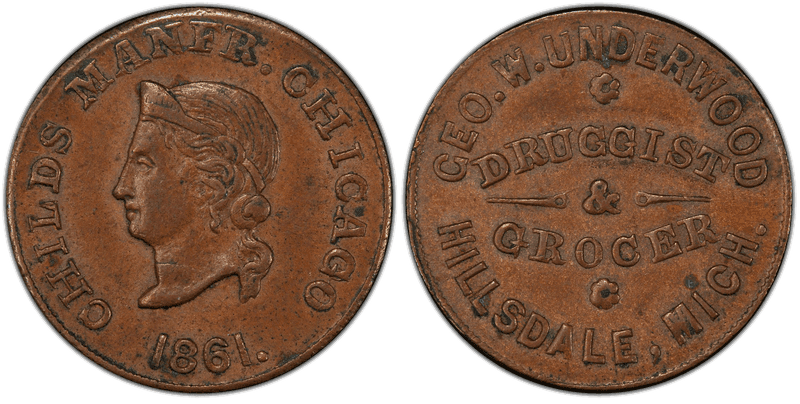 (1861) Copper Civil War Store Card F-450O-2a, Geo W. Underwood MI