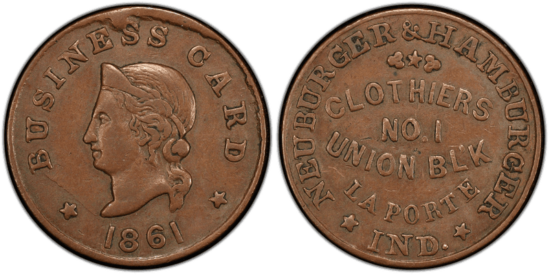 (1861) Copper Civil War Store Card F-530E-1a, Neuburger & Hamburger IN