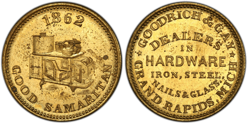 (1862) Brass Civil War Store Card F-370D-2b, Goodrich & Gay MI