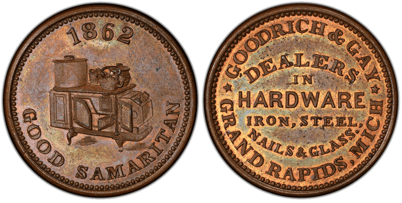 (1862) Copper Civil War Store Card F-370D-3a, Goodrich & Gay MI