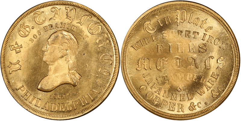 (1862) Brass Civil War Store Card F-750V-4b, GW-556 N & G. Taylor Co. PA