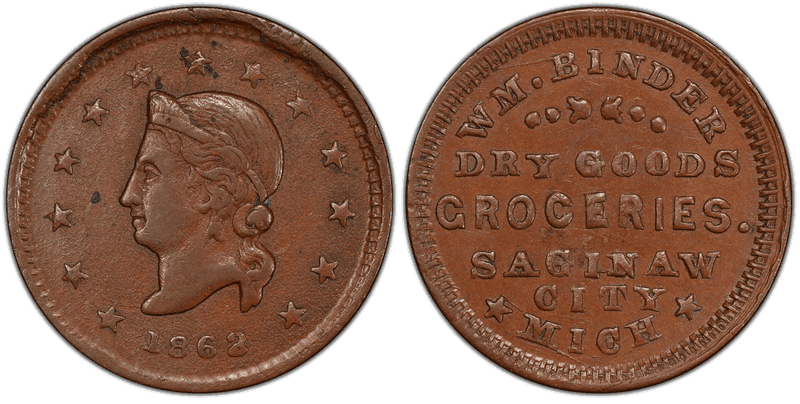 (1862) Copper Civil War Store Card F-845A-1a, Wm. Binder MI