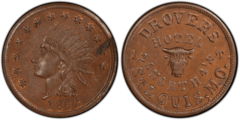(1862) Copper Civil War Store Card F-910A-2a, Drovers Hotel MO
