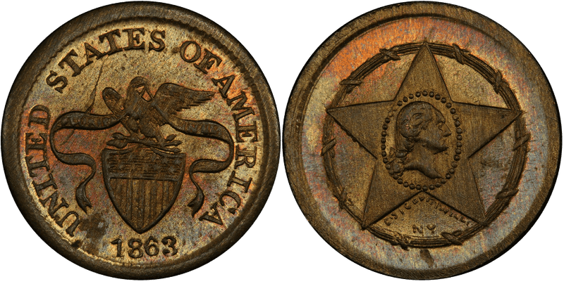 1863 Token F-105/198b GW-620 Brass Washington Star-Eagle Patriotic
