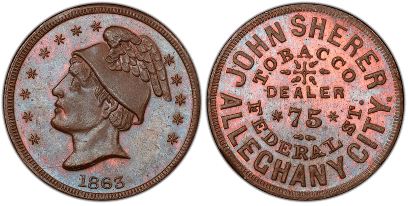 (1863) Copper Civil War Store Card F-13F-1a, John Sherer PA