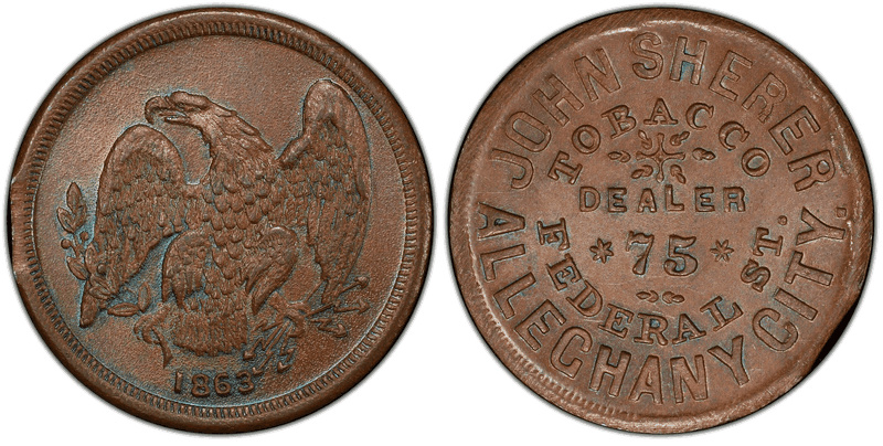 (1863) Copper Civil War Store Card F-13F-4a, John Sherer PA