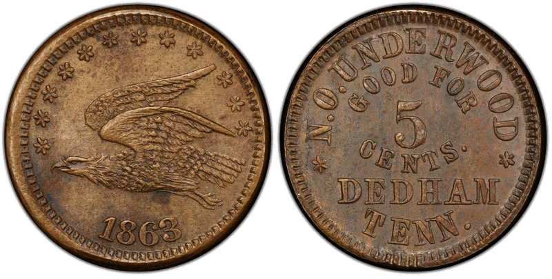 (1863) Copper Civil War Store Card F-180A-5a, N.O. Underwood TN