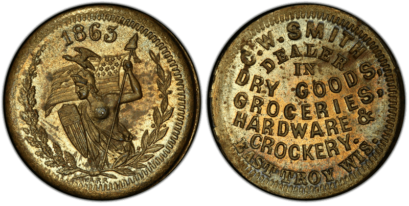 (1863) Brass Civil War Store Card F-185A-3b, C.W. Smith WI