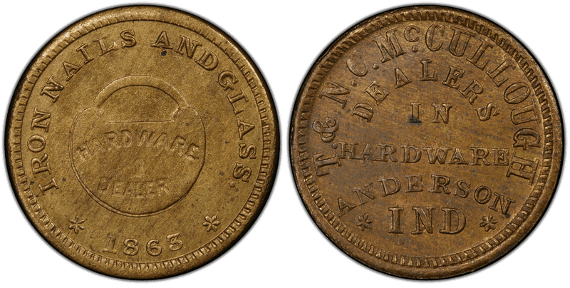 (1863) Brass Civil War Store Card F-20B-1b, T. & N. C. McCullough IN