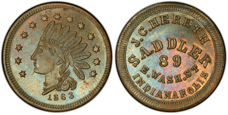 (1863) Brass Civil War Store Card F-460G-1b, J.C. Hereth IN