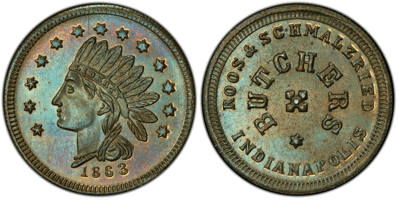 (1863) Brass Civil War Store Card F-460Q-1b, Roos & Schmalzried IN