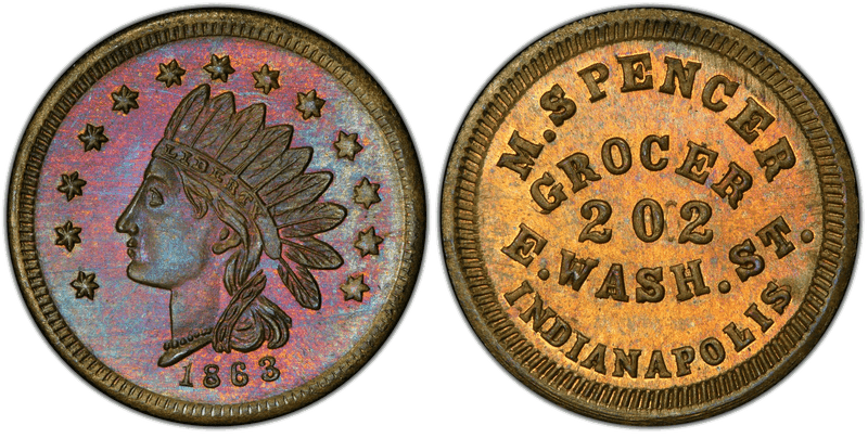 (1863) Brass Civil War Store Card F-460T-1b, M. Spencer IN