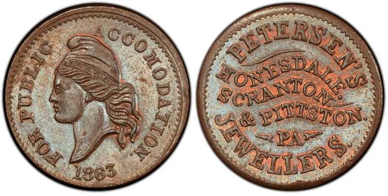 (1863) Copper Civil War Store Card F-464A-1a, Petersen's PA