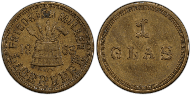 (1863) Brass Civil War Store Card F-510AB-4b, Friedrich Miller WI