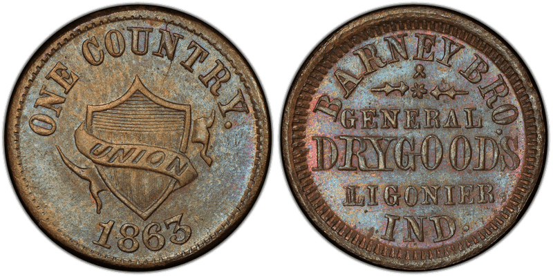 (1863) Brass Civil War Store Card F-550B-4b, Barney Bro. IN