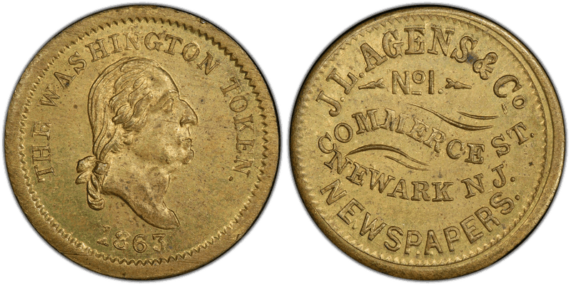 (1863) Brass Civil War Store Card F-555A-3b, J.J. Agnes & Co. NJ