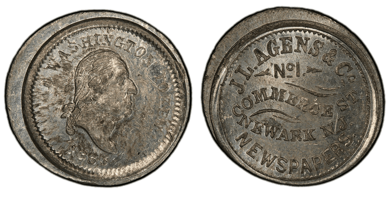 (1863) White Metal Civil War Store Card F-555A-3e, GW-589 J.L. Agens & Co. NJ