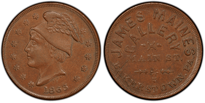 (1863) Copper Civil War Store Card F-60A-1a, James Maines PA