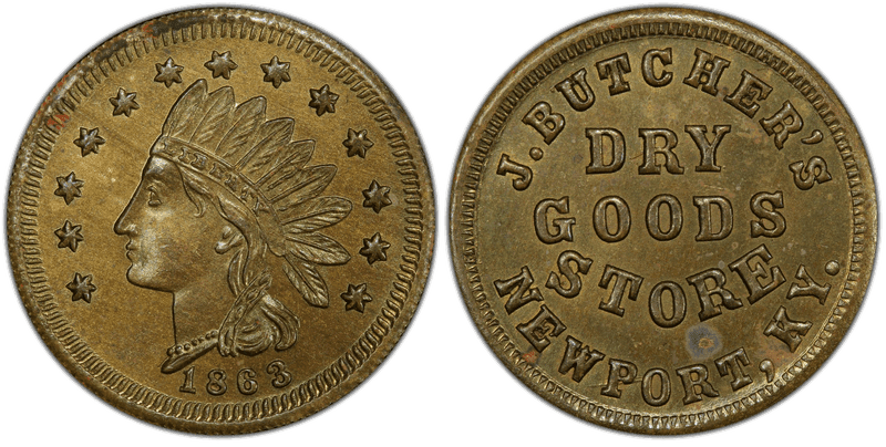 (1863) Brass Civil War Store Card F-640A-3b, J. Butcher's KY