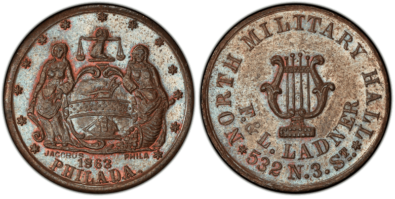 (1863) Copper Civil War Store Card F-750M-3a, F. & L. Ladner PA