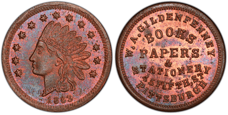 (1863) Copper Civil War Store Card F-765F-1a, W.A. Gildenfenney PA