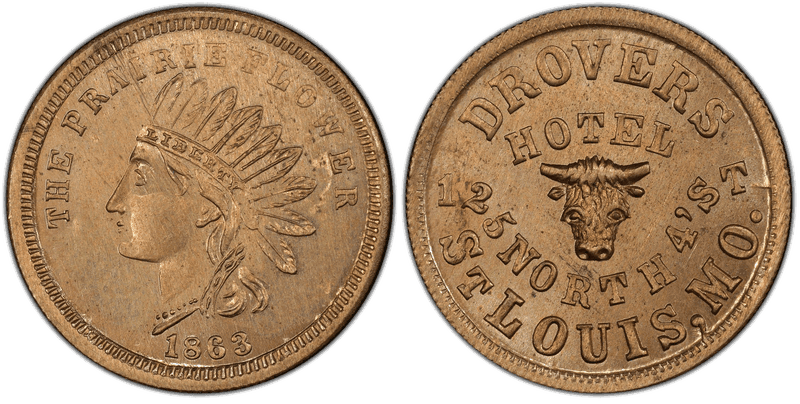 (1863) Copper-Nickel Civil War Store Card F-910A-8d, Drovers Hotel MO