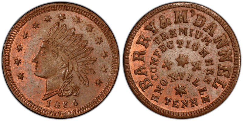 (1864) Copper Civil War Store Card F-430A-3a, Barry & M'Dannel TN