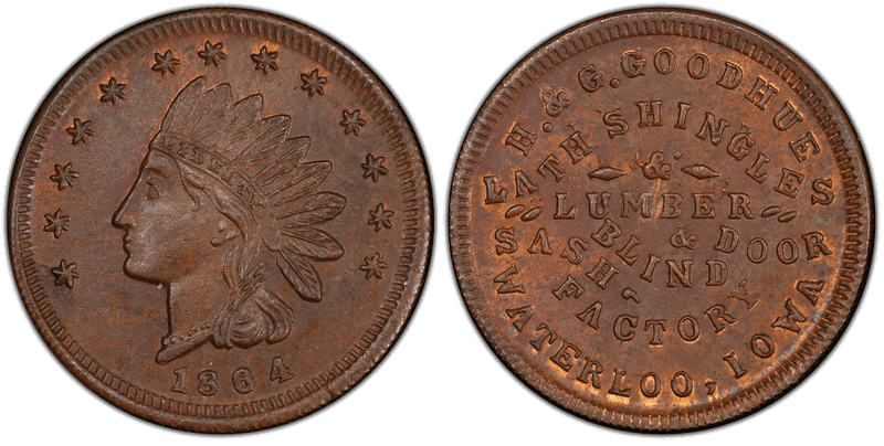 (1864) Copper Civil War Store Card F-930A-1a, H. & G. Goodhue IA