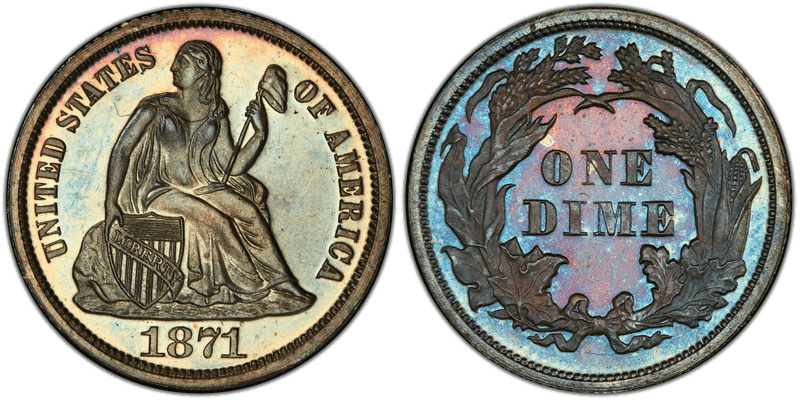 1871 Proof Seated Liberty Dime