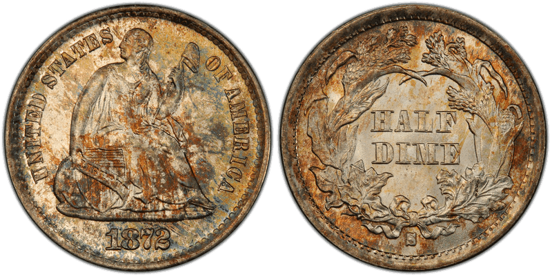 1872 (S) Seated Liberty Half Dime - Mintmark Below Bow