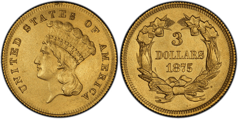 1875 Proof Three Dollar Pattern - J-1437, Gilt