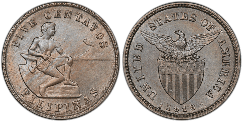 1918 (S) Philippine Five Centavos Allen-4.08b Mule