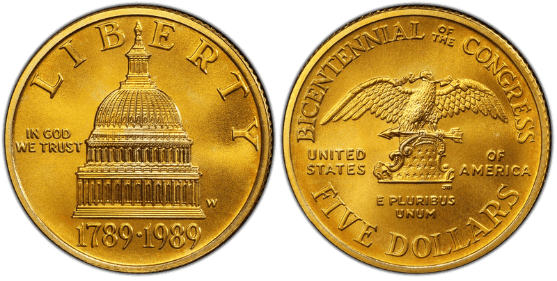 1989 Congress Bicentennial Commemorative Five Dollar Gold