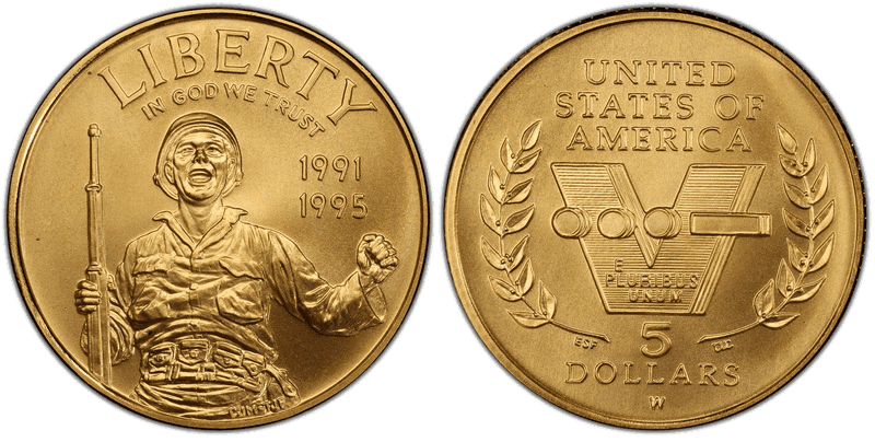 1993 World War II 50th Anniversary Commemorative Five Dollar Gold