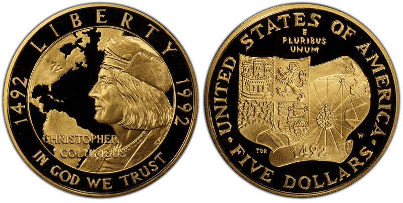 1992 (W) Proof Christopher Columbus Quincentenary Commemorative Five Dollar Gold
