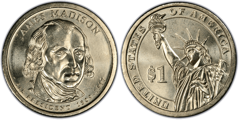 2007 (D) Presidential Dollar - James Madison, Doubled Edge Lettering Inverted