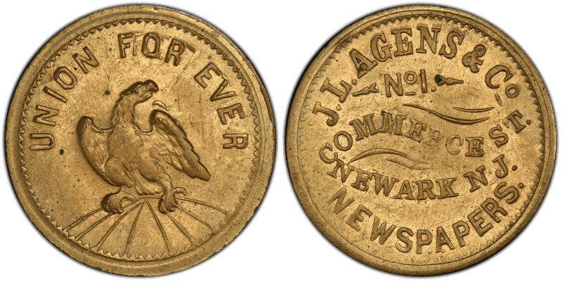 (No Date) Brass Civil War Store Card F-555A-5b, J.L. Agens & Co. NJ