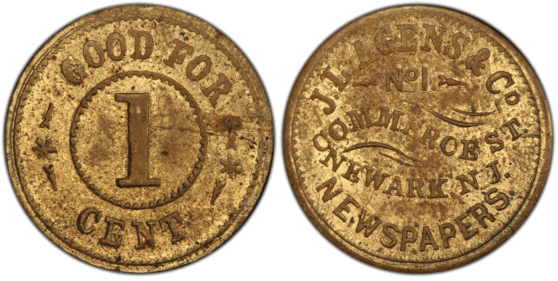 (No Date) Brass Civil War Store Card F-555A-7b, J.L. Agens & Co. NJ