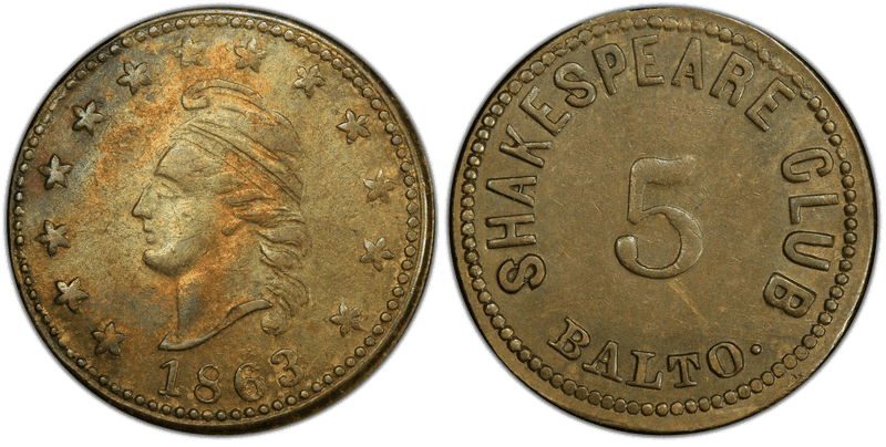 No Date Token F-60AK-1b Brass PE Shakespeare Club MD