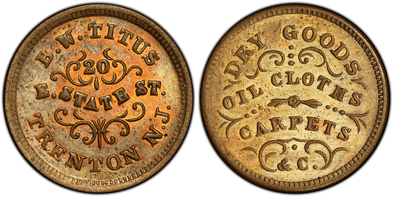 (No Date) Brass Civil War Store Card F-885A-2b, B.W. Titus NJ