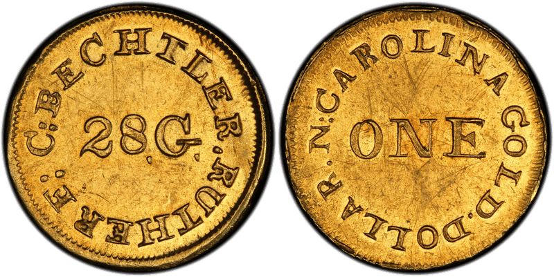 1834 C. Bechtler One Dollar Gold Piece - 28 Grains, Centered