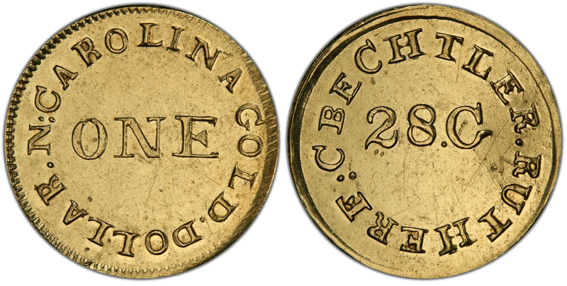 1834 C. Bechtler One Dollar Gold Piece - 28 Grains, High