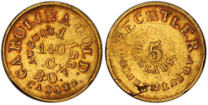 1834 C. Bechtler Five Dollar Gold Piece - 140 Grains, No C, No Star