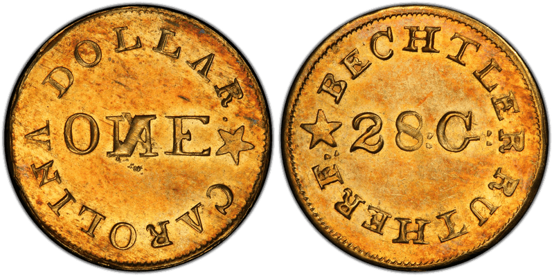 1837 C. Bechtler One Dollar Gold Piece - 28 Grains, N Reversed