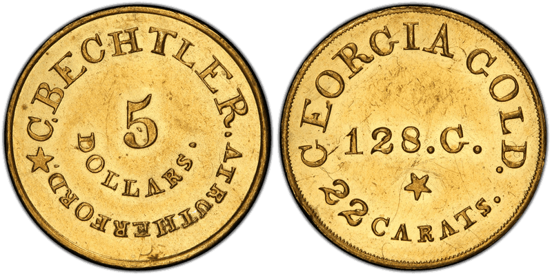 1837 C. Bechtler Five Dollar Gold Piece - 128 Grains, 22 Carats, No Colon