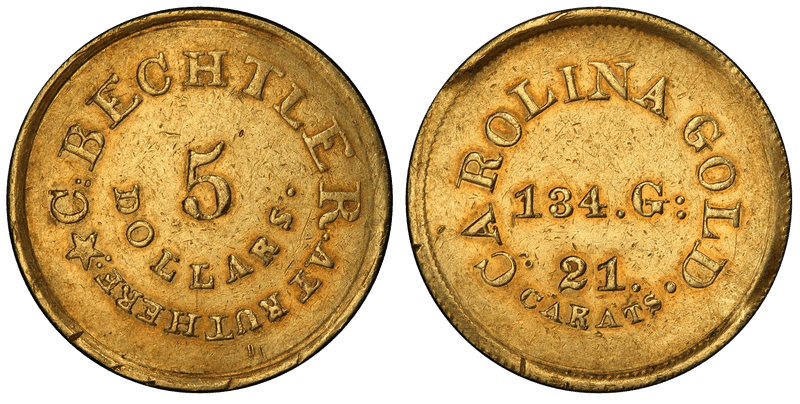 1842 C. Bechtler Five Dollar Gold Piece - 134 Grains, No Star