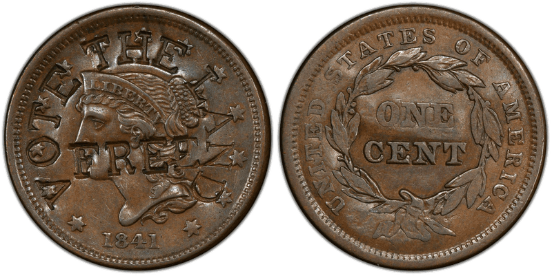 1844 Braided Hair Coronet Head Cent - HT-833 Copper on 1841 Vote The Land Free
