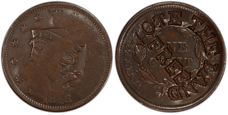 1844 Braided Hair Coronet Head Cent - HT-833 Copper on 1843 Vote The Land Free