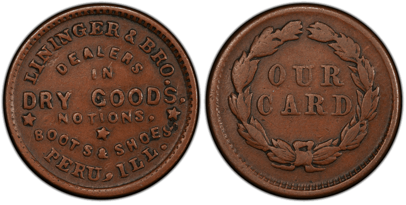 (1860-65) Copper Civil War Store Card F-695A-1a, Lininger & Bro. IL
